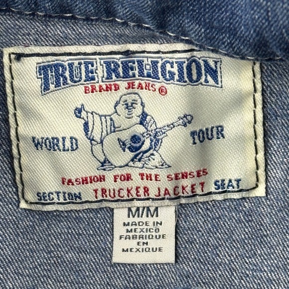 True Religion Trucker Jacket Womens Medium Blue Denim Jeans Super T Dark Wash - Picture 3 of 10